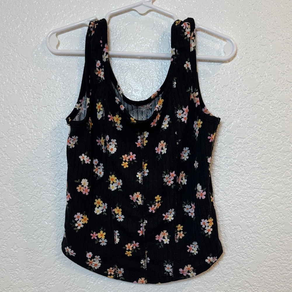art class Black Floral Ribbed Tank Top with Pink & Yellow Blooms